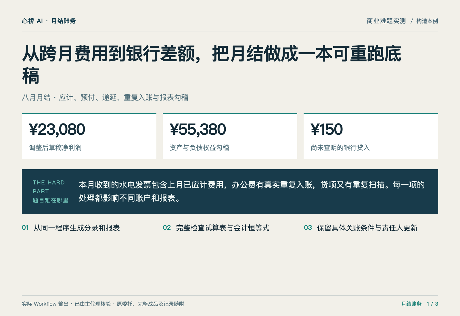 月结账务专家：从跨月费用到银行差额，把月结做成一本可重跑底稿
